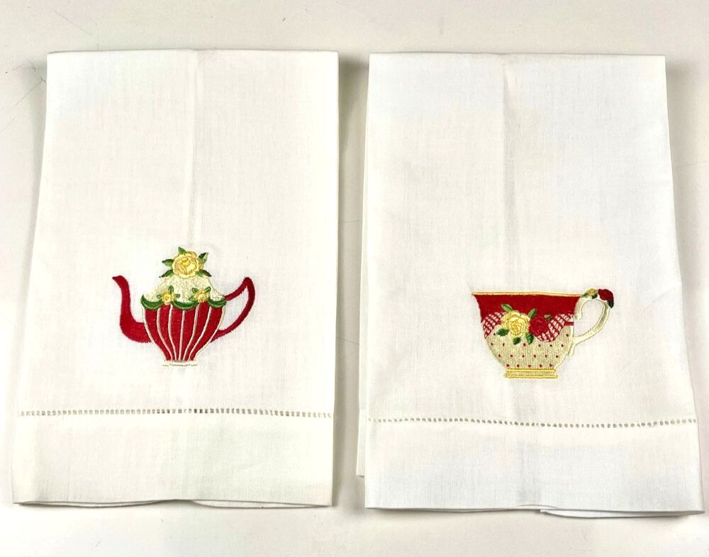 Vintage Embroidered Tea Towel Set Red Striped Teapot Teacup Yellow Rose Applique